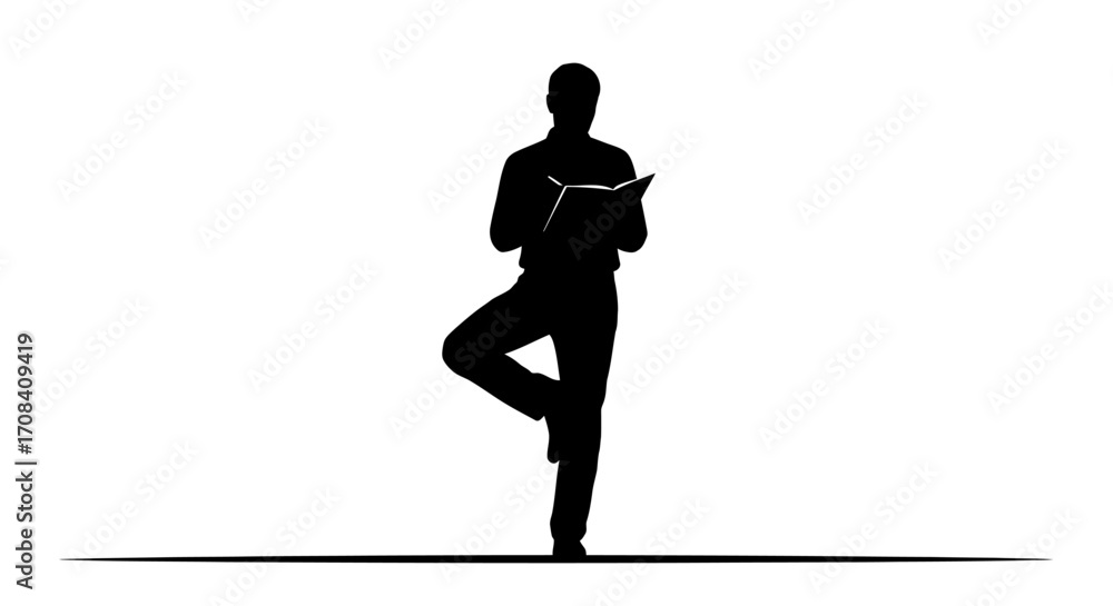 Fototapeta premium Silhouette of a person balancing in a tree pose while reading a book, symbolizing focus and knowledge