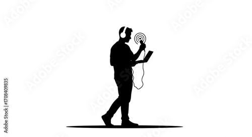 Dynamic podcaster with headphones and microphone records audio on laptop, broadcasting to the world