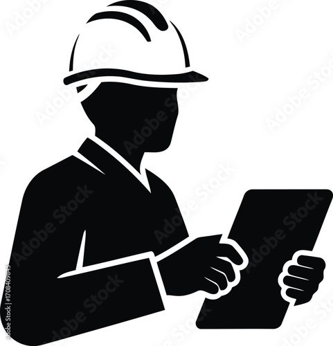 Silhouette of construction worker holding tablet wearing hard hat on transparent background
