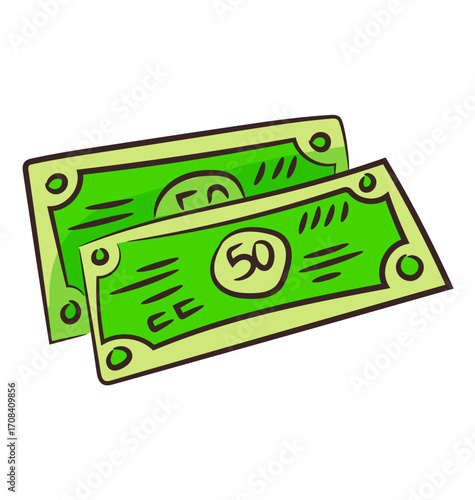 Green Currency Note Illustration: Artistic illustration of two stylized green currency notes with a focus on financial aspects and value.