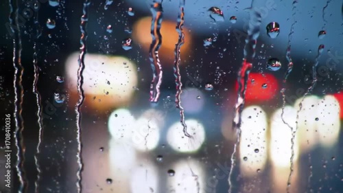 Rainy night cityscape with bokeh lights viewed through a water-streaked window