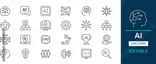 Minimalist line AI icons pack. Neural, robot, machine, learning, brain, chip, data, model, network, automation, vision and editable icons.