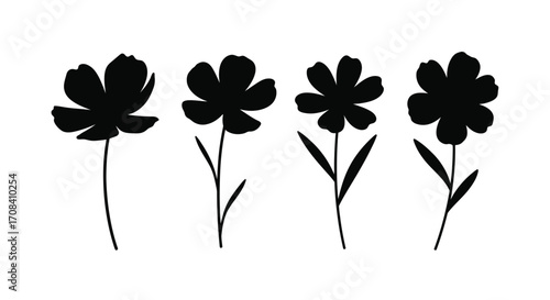 Four silhouette daisy flowers delicate hand drawn botanical elements minimalist nature collection vector