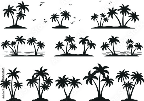 PrintSilhouette Palm Tree Island Vector Set with Birds and Ocean Elements for Tropical Beach, Paradise, Summer, and Vacation Designs