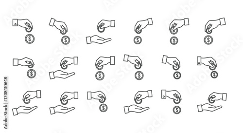 Hand dropping coins into palm sequence animated motion visual aid finance and transaction steps vector