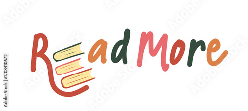 Colorful read more text logo vector illustration with creative red yellow and green stacked books forming the letter E design for education campaign learning material and modern graphic decoration