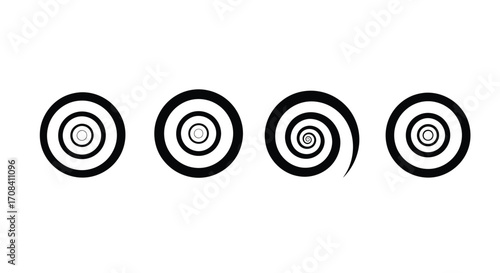 Four abstract spirals and concentric circles in black and white on a white canvas vector