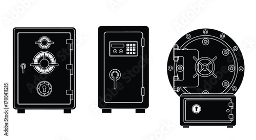Collection of three distinct security safes showing different designs and locking mechanisms vector