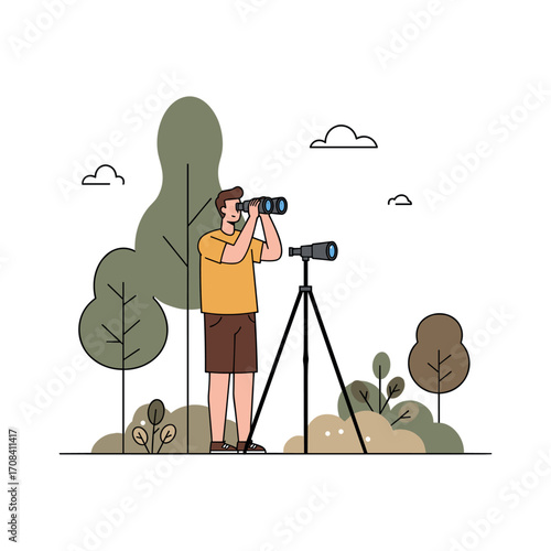 Outdoor observation event nature enthusiast using binoculars in scenic park daylight relaxed environment. Vector illustration