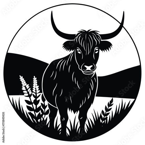 Highland cow in a circle isolated on white background, vector illustration