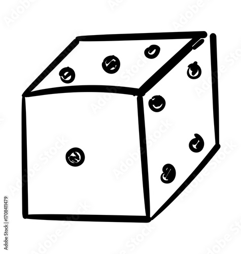 Dice in a Simple Sketch: This sketch captures a solitary die, showcasing its iconic cubic form and marked faces, representing luck and chance with an elementary design.