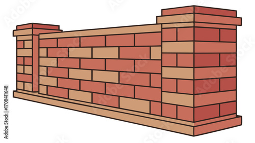 Brick Wall Section with Pillars on White Background
