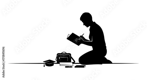 Focused student diligently studying notes with graduation cap and bag nearby, symbolizing academic achievement