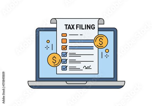Online tax filing and digital financial document preparation on a laptop screen, illustrating modern remote fiscal management and convenient financial services