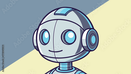Cute cartoon robot head with blue eyes and smile android