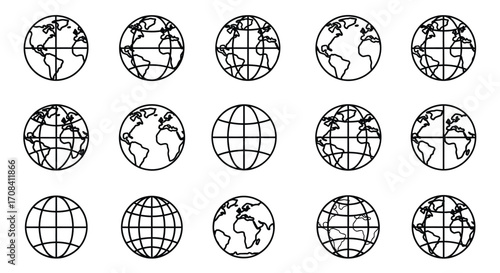 Collection of globe icons representing global connections and worldwide communication diverse earth views vector
