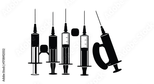 Set of medical syringes with needles and plungers ready for injection treatment vector