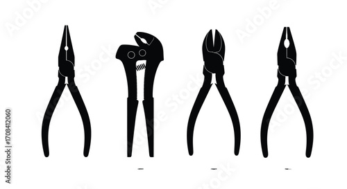Collection of black silhouette pliers tools on white for construction and diy projects vector