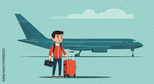 Young male traveler with backpack and suitcase ready for a trip.