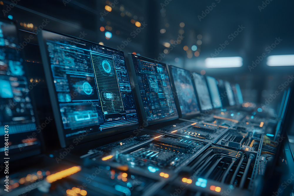 Naklejka premium Futuristic Control Room with Digital Data Screens