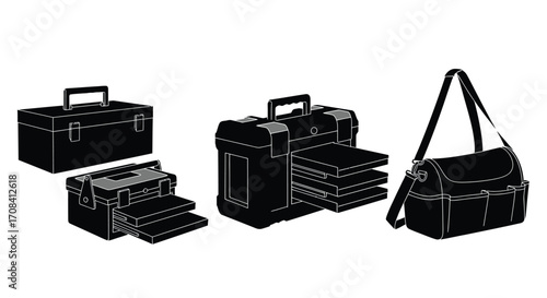 Collection of black toolboxes and storage bags on organized storage solutions vector