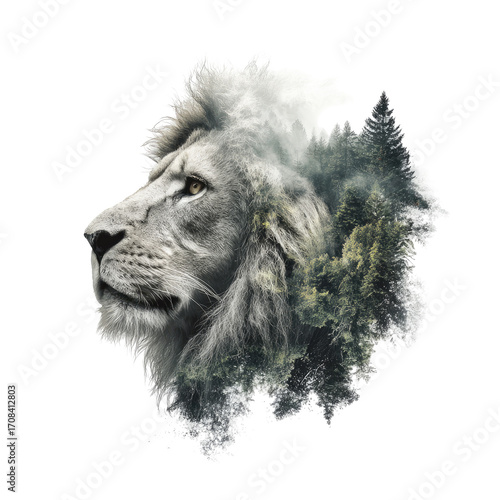 Lion's head, misty forest portrait