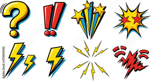 Comic Book Elements Question Mark, Exclamation Point, Stars, Lightning Bolts, and More