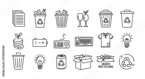 Collection of hand-drawn icons representing recycling and waste management concepts vector