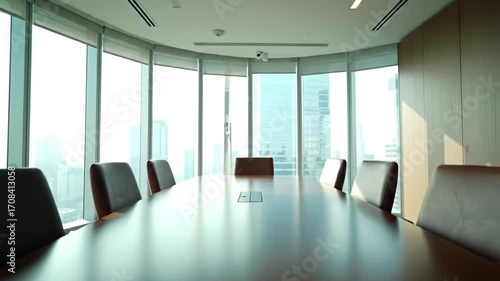 Modern boardroom with a large conference table and chairs overlooking a bright city skyline, a perfect setting for corporate strategy meetings