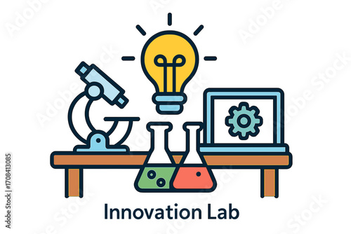 Innovation lab with microscope, light bulb, and test tubes on table lab desk