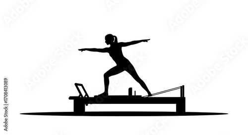 Dynamic silhouette of woman practicing Pilates reformer exercises for strength and flexibility