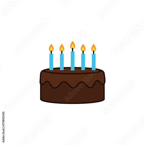 Celebrating a birthday with a chocolate cake and blue candles in a festive atmosphere. Vector illustration