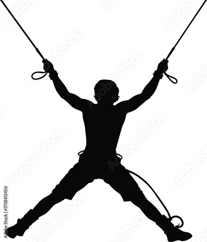 Rock climber silhouette with harness and ropes, black and white vector illustration, athletic motion, adventure sport, strength, safety gear icon