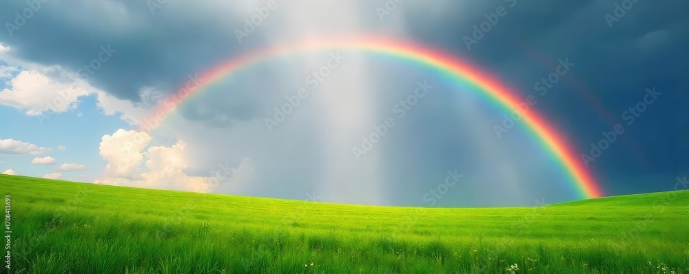 Obraz premium Vibrant streaks of color paint the sky as a summer rain shower passes, leaving a breathtaking rainbow arching over a lush green field , nature, majestic, green