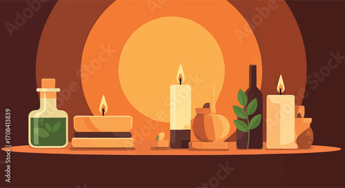 Cozy Autumn Still Life with Burning Candles and Potions.