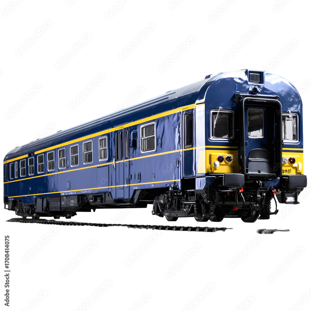 Obraz premium A detailed blue and yellow passenger train car, isolated on a transparent background, showcasing its classic design and intricate features, perfect for transportation and travel themes