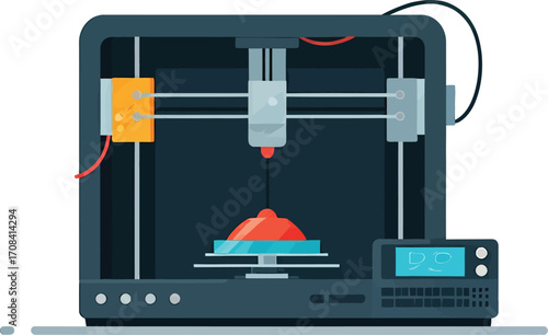 Flat vector illustration of a modern 3D printer in operation.
