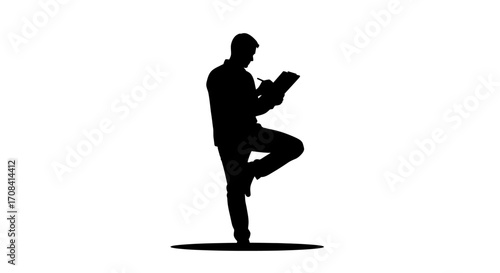 Dynamic silhouette of a professional man taking notes while balancing, symbolizing focus and productivity