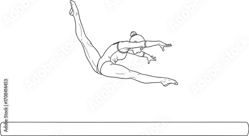 Gymnast split leap over balance beam, athletic silhouette, black and white vector, precision pose, gymnastics art, performance icon, motion