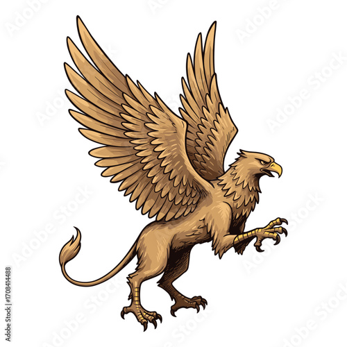 Majestic griffin in flight mythical landscape digital art fantasy environment aerial view creative concept. Vector illustration