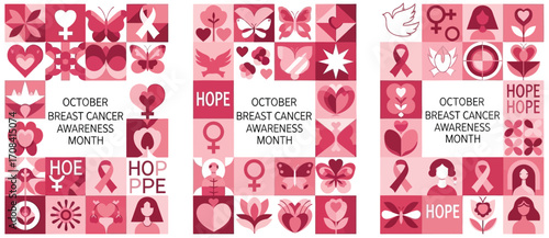 Hope and awareness for breast cancer month with symbolic icons in shades of pink.