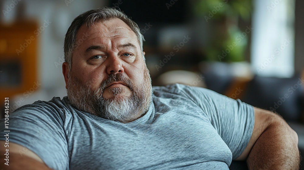 Obraz premium A pensive overweight man sits indoors, gazing directly at the camera. His expression is serious