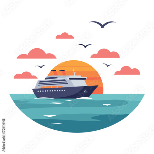 Cruise ship sailing at sunset over calm ocean serene seascape digital art vibrant colors. Vector illustration