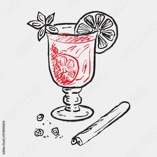 Hand drawn mulled wine with orange slice, cinnamon, pepper and anise star. Vector sketch illustration in vintage crayon retro style. Red wine hot drink, cozy winter, cafe menu