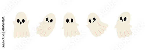 Cute Ghost Cartoon Characters Halloween Vector Illustration. Spooky Friendly Characters with Funny Emotions.