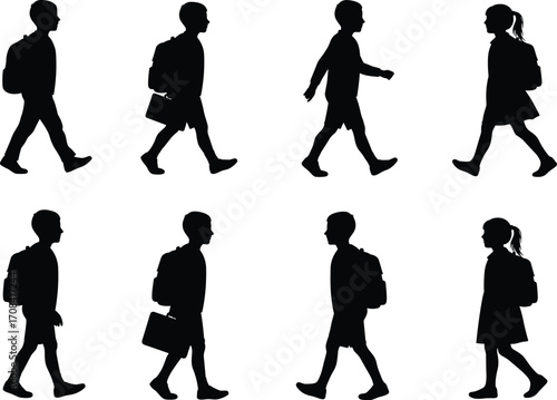 PrintSilhouettes of boys and girls walking with backpacks and briefcases, schoolchildren heading to school, vector illustration, education concept