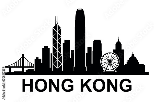 Hong Kong skyline silhouette with ferris wheel and iconic skyscrapers