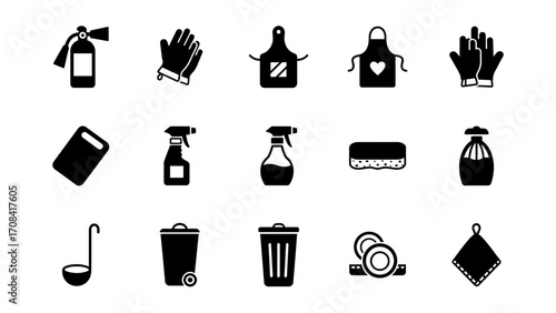 Household cleaning and kitchen utensils icons on a white background