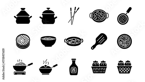 Diverse Silhouette Icons Representing Chinese Food Preparation and Kitchenware