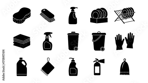 Versatile Collection of Cleaning Product and Tool Icons for Home Hygiene Tasks